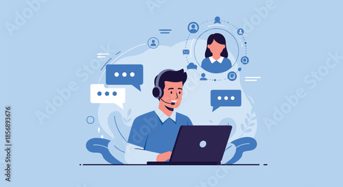 Customer support representative wearing a headset working on a laptop surrounded by digital communication and social network icons.
