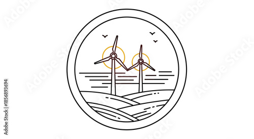 Minimalist line art illustration of wind turbines on rolling hills within a circle symbolizing sustainable and renewable wind energy.