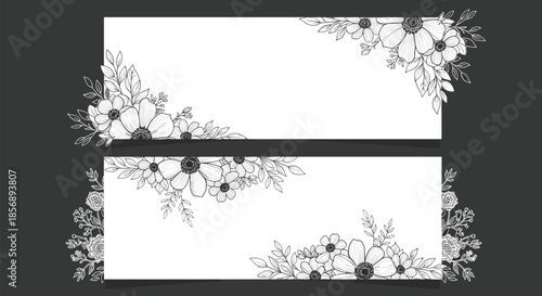 Two horizontal banners decorated with delicate hand-drawn black and white floral arrangements on opposite corners against a dark background.