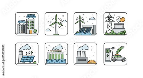Set of industrial icons showing various forms of green energy production including solar, wind, hydro, and electric vehicle charging.