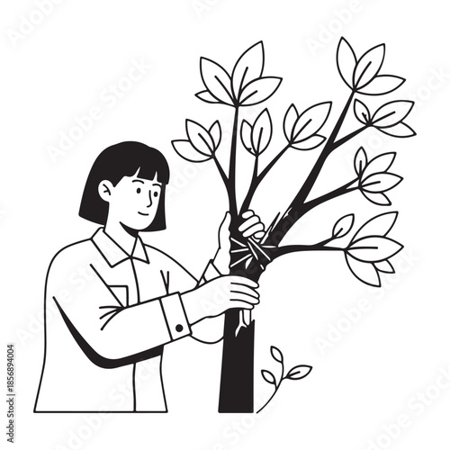 Woman planting grafting small tree agriculture gardening concept