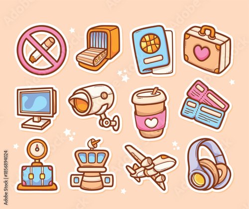 Cute cartoon icons of airport travel items like passport suitcase and airplane.