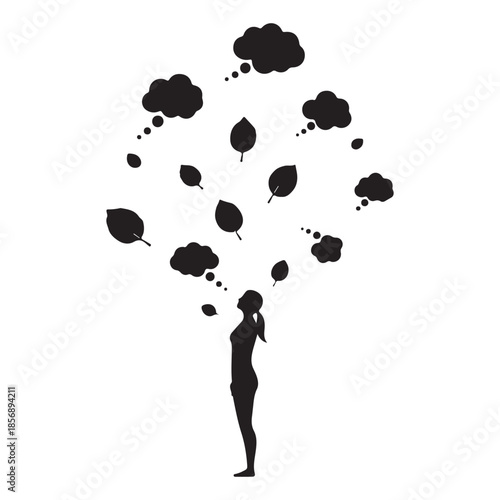 Woman silhouette with floating leaves and thought bubbles concept
