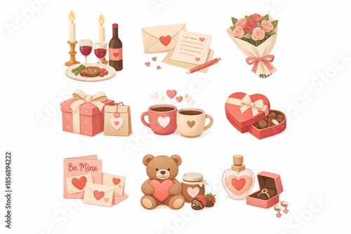 Illustrated set of cozy Valentine objects with candle dinner, letters, mugs, and gifts