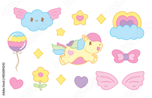 Cute cartoon pony flying with rainbow mane and pastel wings.