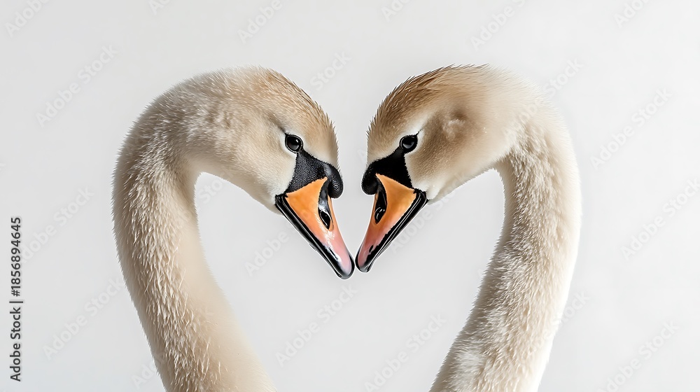 Fototapeta premium Two elegant swans form heart shape with necks on white background high resolution image