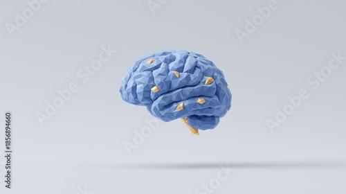 A minimalist 3D rendering of a blue stylized human brain with low-poly geometry and gold accents floating against a clean studio background