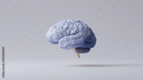 A conceptual illustration of a human brain rendered in a low poly geometric style floating against a clean grey background.
