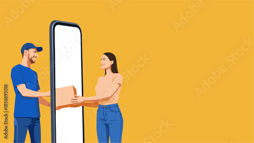 Online Shopping Concept with People Receiving Package from Smartphone