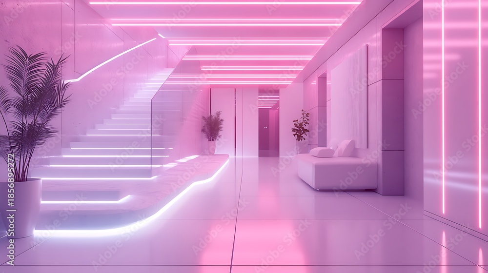 Obraz premium Dreamy pink illuminated hallway with sleek staircase and contemporary design high resolution image