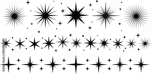 Black star and sparkle vector designs collection, featuring eight six and four pointed stars with decorative dots on white background, 2025.