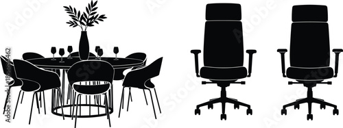 Black, and, white, minimalist, silhouette, illustration, of, a, round, dining, table, with, chairs, and, professional, high, back, office, furniture, setup.