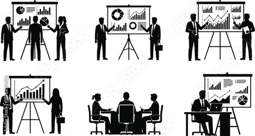 Black, and, white, business, presentation, silhouette, set, with, corporate, figures, flip, charts, bar, graphs, data, analytics, in, a, minimalist, design.
