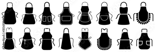 Kitchen Apron Icon Set Vector – Cooking, Baking, and Restaurant Uniform Silhouettes, Chef Apparel Symbols, Flat Design Collection on White Background