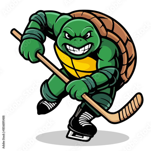 Turtle Hockey Mascot Vector Illustration – Tough Animal Defender Character with Stick, Sports Team Logo Design, Cartoon Ice Hockey Concept Art