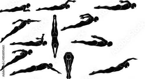 Collection of black and white swimming silhouettes, featuring diving poses, athletic strokes, freestyle, butterfly, and professional swimmer motions in minimalist vector.