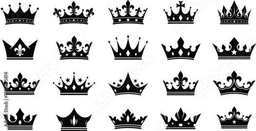 Collection of sixteen black crown silhouettes in grid layout, featuring royal authority icons, fleur-de-lis designs, king and queen headwear, and premium heraldic vectors,