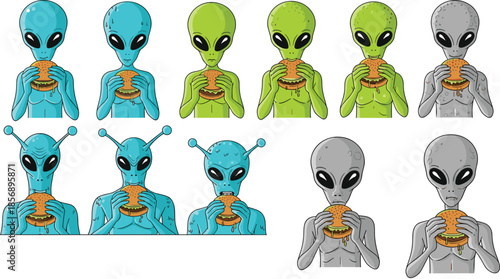 Digital, illustration, of, colorful, alien, characters, eating, burgers, in, a, grid, pattern, with, humorous, extraterrestrial, fast, food, dining, poses, and, white, background.