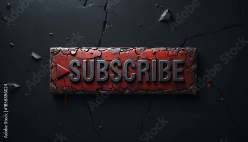 Grungy, 3D industrial subscribe button with cracked red metal texture on a dark, weathered background.