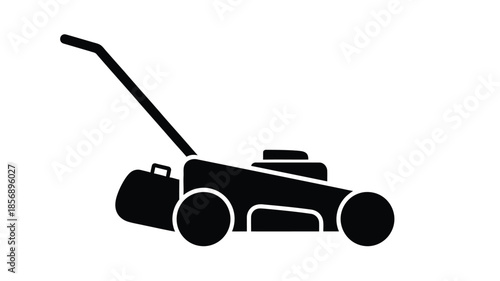 Simple black silhouette of a push lawn mower on a clean white background