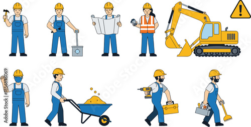 Flat design construction worker set featuring builders in hard hats, excavator machinery, wheelbarrow, safety equipment, blueprints, and industrial maintenance icons,