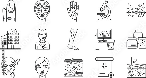 Medical, Skincare, and Dermatology Icons Set: Beauty, Treatment, Diagnosis, Health, Facial, Ultrasound, Skin Cell, and Professional Care Vector.