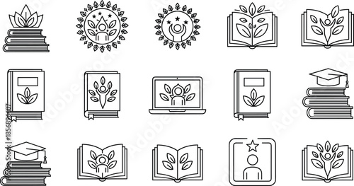 Minimalist black and white educational icons set, featuring graduation caps, open books, and human growth symbols for learning, school, and development.
