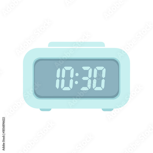 Pastel blue digital alarm clock showing the time 10 30.