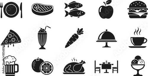 Minimalist black food restaurant icons set on white background featuring pizza hamburger steak coffee and dining symbols for menu design marketing