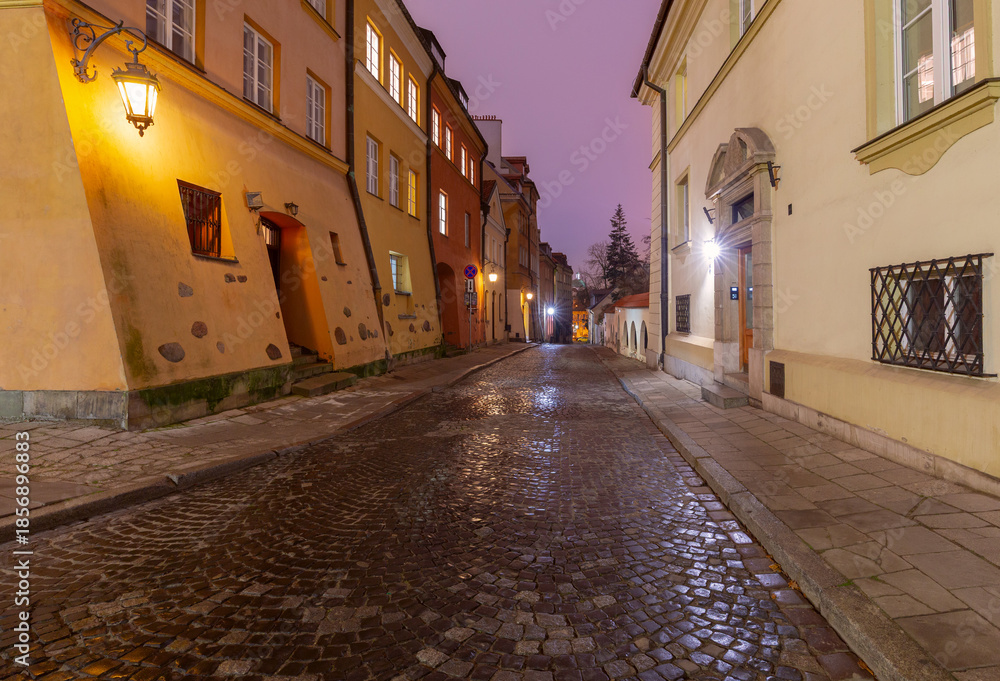 Fototapeta premium Evening street in Old Town in Warsaw Poland