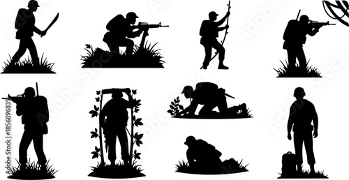 Modern Military Soldier Silhouette Set with Tactical Weapons Black Vector