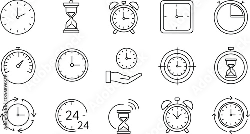 Minimalist Black Line Art Time and Measurement Icons in 3x5 Grid, Professional Vector Set Depicting Clocks, Sand Timers, Speedometers, and Scheduling Symbols.