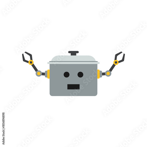 Robot pot with arms and a face ready to cook something delicious.