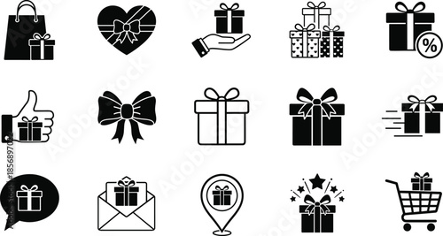 Minimalist black shopping gift icons set on white background featuring surprise boxes ribbons shopping carts and discount symbols for retail marketing