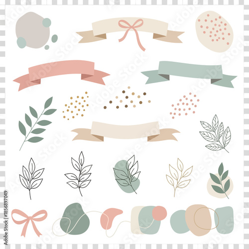 Hand Drawn Aesthetic Design Elements with Ribbons Bows and Leaves