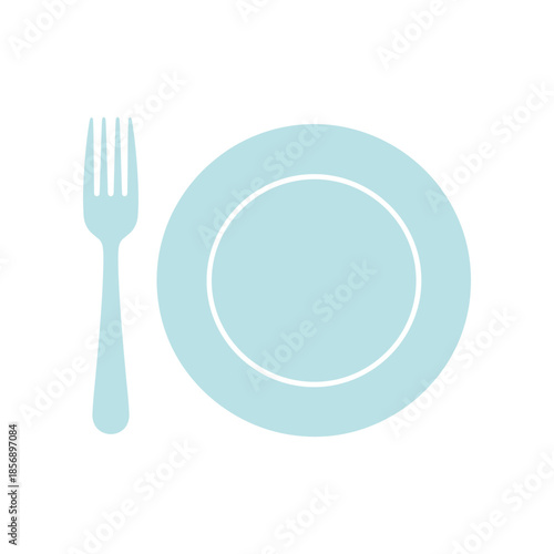 Simple illustration of a light blue plate and fork.