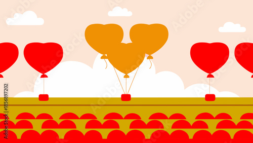 Colorful heart balloons floating in sky