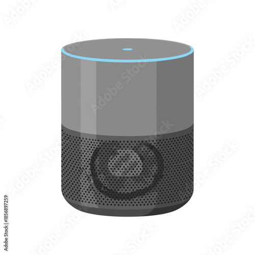 Smart speaker device with a cylindrical design and a mesh speaker.