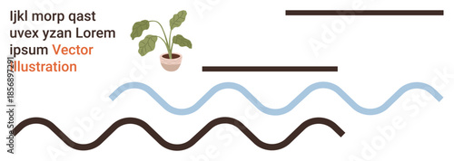 Graphic design, creative projects, decoration, branding, minimalism, and modern art. Wavy lines, potted plant and abstract text elements. Graphic design and creative projects concept