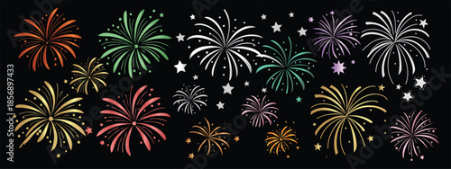 Fireworks on white background, fireworks clipart no background, icon, vector, illustration for Xmas, new year, holiday, birthday, anniversary, victory, party, carnival, 4th of July, printable banner 1