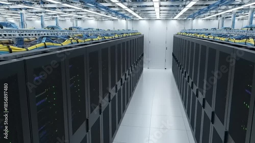 Modern Data Center with Rows of Server Racks and Network Cables.