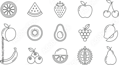 Minimalist gray line art fruit icons set on white background featuring apple strawberry watermelon grapes and citrus symbols for organic food