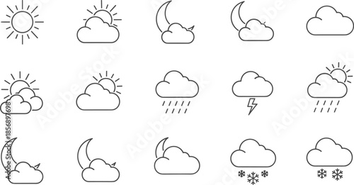 Minimalist gray line art weather icons set on white background featuring sun moon clouds rain snow and lightning symbols for interface
