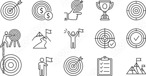 Minimalist Line Art Achievement and Goal Vector Icon Set: Target, Success, Trophy, Business Strategy, and Motivation Symbols for Corporate Design.