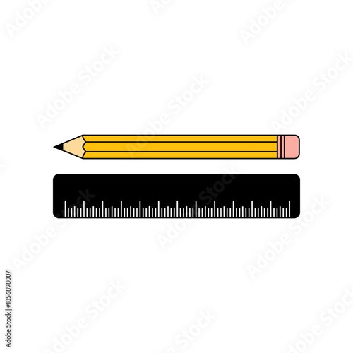 Yellow graphite pencil and black measuring ruler illustration.