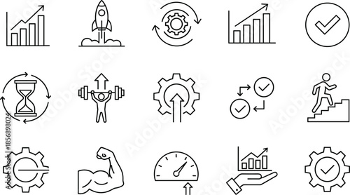 Minimalist Line Art Business Productivity and Growth Vector Icon Set: Performance, Efficiency, Goal, Success, and Development Symbols for Corporate Strategy.
