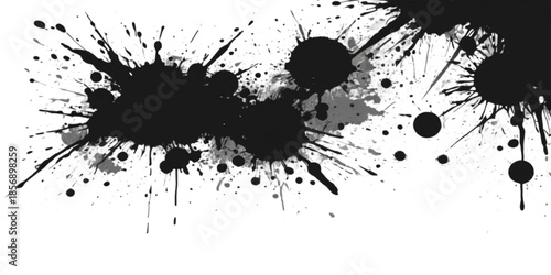 Black ink splat and grunge ink blots create a dirty paint splatter texture with vector liquid drips and spray stain elements for a silhouette brush art design