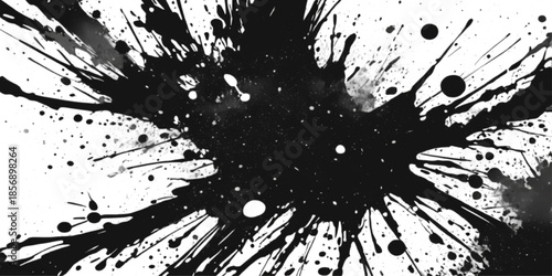 Black ink splat grunge background featuring a vector texture illustration with paint splatter drips, liquid spray spots, and artistic brush stroke stains on a dirty silhouette pattern design