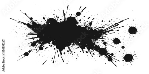 Grungy black ink splat and liquid paint splashes create a dirty vector texture with drips, drops, and spray blots as an artistic silhouette design element