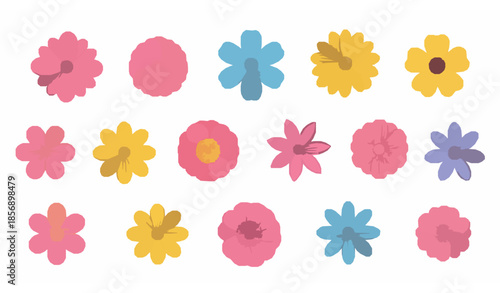 Colorful flower elements vector collection with bright floral shapes isolated on white background